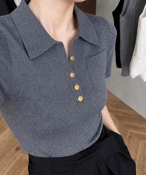 Miniministore(ミニミニストア)の「半袖ニットtシャツ ポロカットソー韓国風(Tシャツ/カットソー・レディース・ダークグレー/ブラック・FREE)」の3枚目の写真