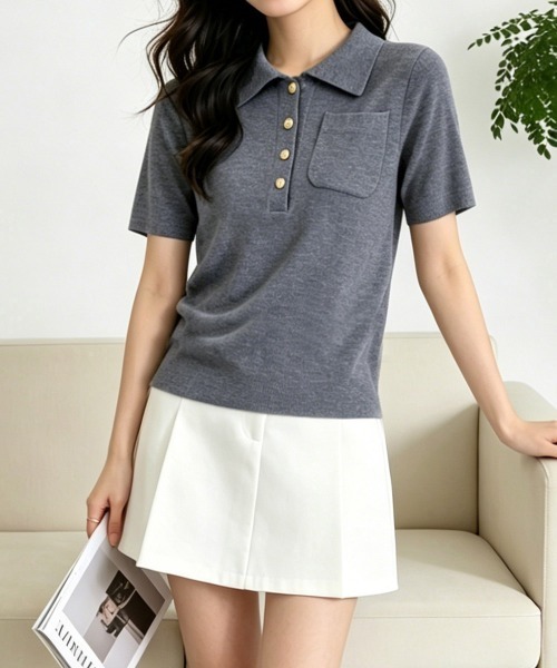 Miniministore(ミニミニストア)の「半袖ニットtシャツ ポロカットソー韓国風(Tシャツ/カットソー・レディース・ダークグレー/ブラック・FREE)」の4枚目の写真
