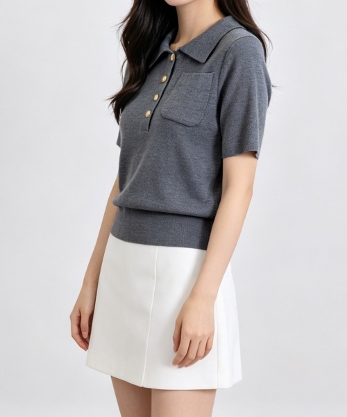 Miniministore(ミニミニストア)の「半袖ニットtシャツ ポロカットソー韓国風(Tシャツ/カットソー・レディース・ダークグレー/ブラック・FREE)」の5枚目の写真