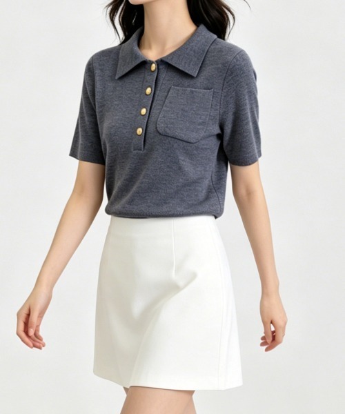 Miniministore(ミニミニストア)の「半袖ニットtシャツ ポロカットソー韓国風(Tシャツ/カットソー・レディース・ダークグレー/ブラック・FREE)」の6枚目の写真