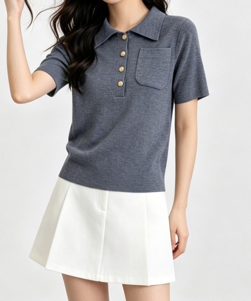 Miniministore(ミニミニストア)の「半袖ニットtシャツ ポロカットソー韓国風(Tシャツ/カットソー・レディース・ダークグレー/ブラック・FREE)」の7枚目の写真