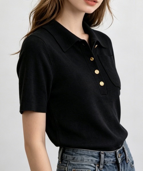 Miniministore(ミニミニストア)の「半袖ニットtシャツ ポロカットソー韓国風(Tシャツ/カットソー・レディース・ダークグレー/ブラック・FREE)」の14枚目の写真
