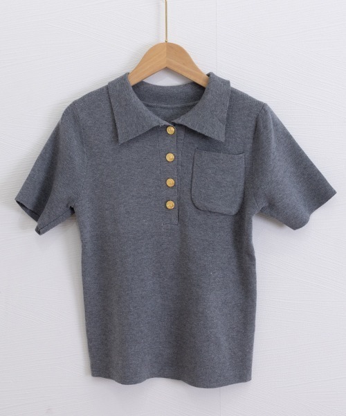 Miniministore(ミニミニストア)の「半袖ニットtシャツ ポロカットソー韓国風(Tシャツ/カットソー・レディース・ダークグレー/ブラック・FREE)」の9枚目の写真