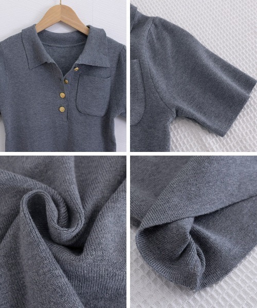 Miniministore(ミニミニストア)の「半袖ニットtシャツ ポロカットソー韓国風(Tシャツ/カットソー・レディース・ダークグレー/ブラック・FREE)」の12枚目の写真