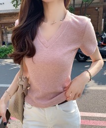 Vネック ワッフル 半袖Tシャツ