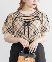 CLETTEオリジナルデコルテオープンチェック柄ニット