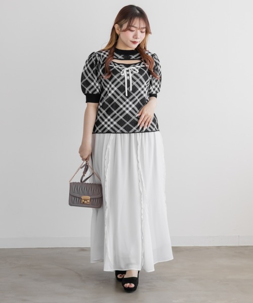 CLETTE（クレット）の「CLETTEオリジナルデコルテオープンチェック柄ニット（ニット/セーター・レディース・ライトベージュ/ミント/ブラック・4L/3L/LL）」の20枚目の写真
