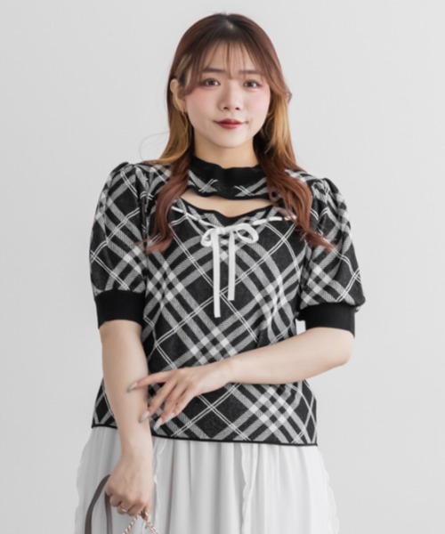 CLETTE（クレット）の「CLETTEオリジナルデコルテオープンチェック柄ニット（ニット/セーター・レディース・ライトベージュ/ミント/ブラック・4L/3L/LL）」の19枚目の写真