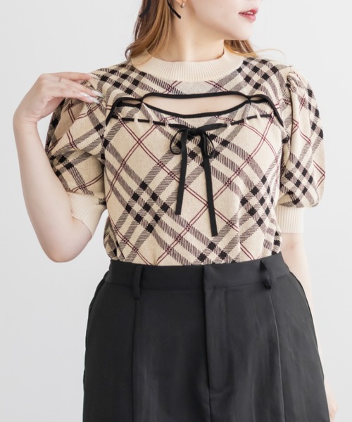 CLETTE（クレット）の「CLETTEオリジナルデコルテオープンチェック柄ニット（ニット/セーター・レディース・ライトベージュ/ミント/ブラック・4L/3L/LL）」の22枚目の写真