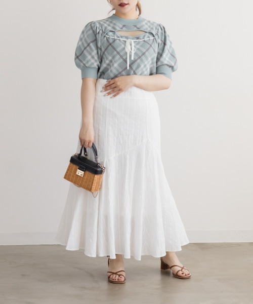 CLETTE（クレット）の「CLETTEオリジナルデコルテオープンチェック柄ニット（ニット/セーター・レディース・ライトベージュ/ミント/ブラック・4L/3L/LL）」の11枚目の写真
