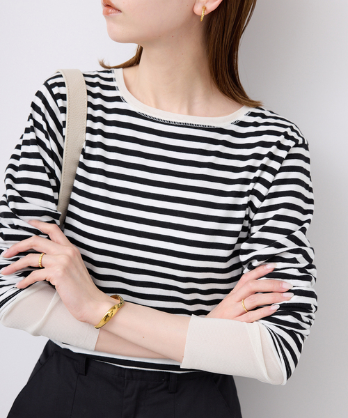 SLOBE IENA(スローブイエナ)の「《WEB限定カラーあり/追加7》レイヤードスリーブロンTEE(Tシャツ/カットソー・レディース・アイボリー/ホワイト/ブラック系その他/ブラック・FREE)」の1枚目の写真