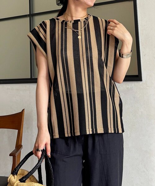 un dix cors(アンディコール)の「ストライプ編地カットソー(Tシャツ/カットソー・レディース・ベージュ/オフホワイト/ブラック・FREE)」の1枚目の写真