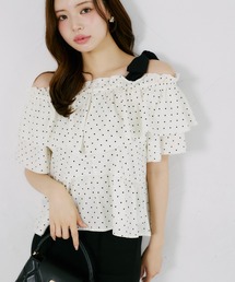 【ZOZO限定】ポリワッシャークロスドットサイドリボンオフショルダーブラウス