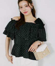 【ZOZO限定】ポリワッシャークロスドットサイドリボンオフショルダーブラウス