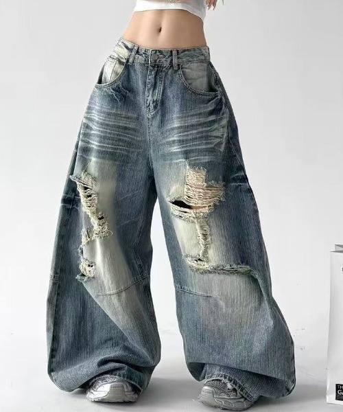 Vipoa（ヴィポア）の「ダメージワイドデニムパンツ（デニムパンツ・レディース・ブルー・LARGE/MEDIUM）」の3枚目の写真