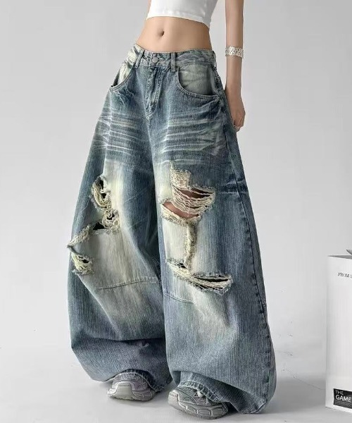 Vipoa（ヴィポア）の「ダメージワイドデニムパンツ（デニムパンツ・レディース・ブルー・LARGE/MEDIUM）」の5枚目の写真