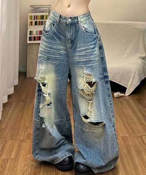 Vipoa（ヴィポア）の「ダメージワイドデニムパンツ（デニムパンツ・レディース・ブルー・LARGE/MEDIUM）」の15枚目の写真