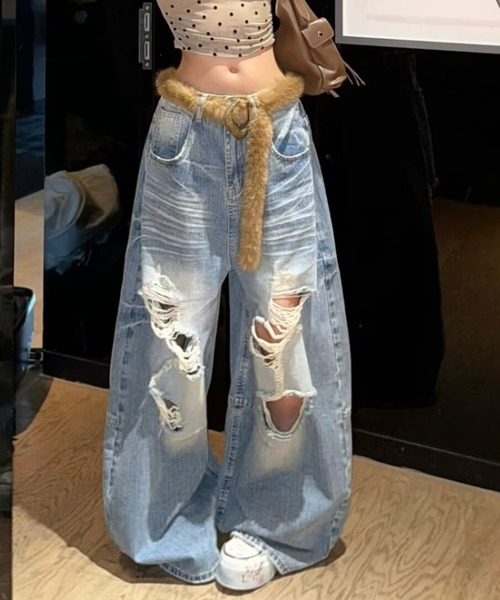 Vipoa（ヴィポア）の「ダメージワイドデニムパンツ（デニムパンツ・レディース・ブルー・LARGE/MEDIUM）」の10枚目の写真