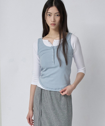 Button Henley Neck Sleeveless Blue