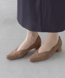 4cmヒール スクエアトゥ  ゴールドアクセント スエード パンプス