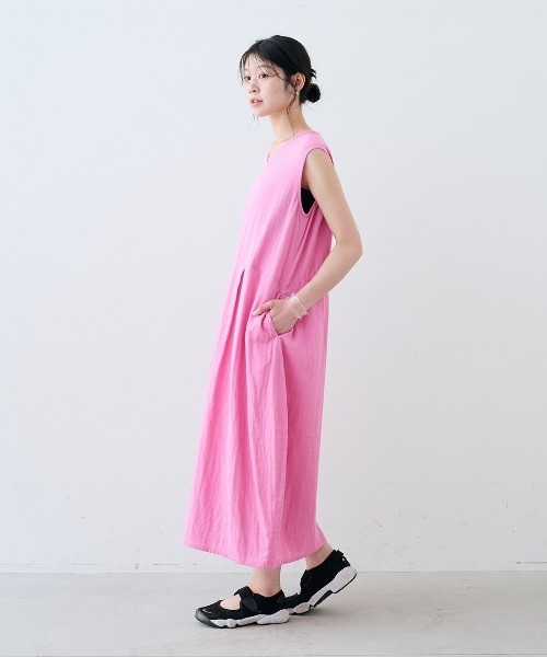 mensha!(メンシャ)の「mensha! ガーゼでドレスアップ!リネン混コクーンワンピース(ワンピース・レディース・ピンク/ブラック・M/L/LL/3L/MP)」の6枚目の写真