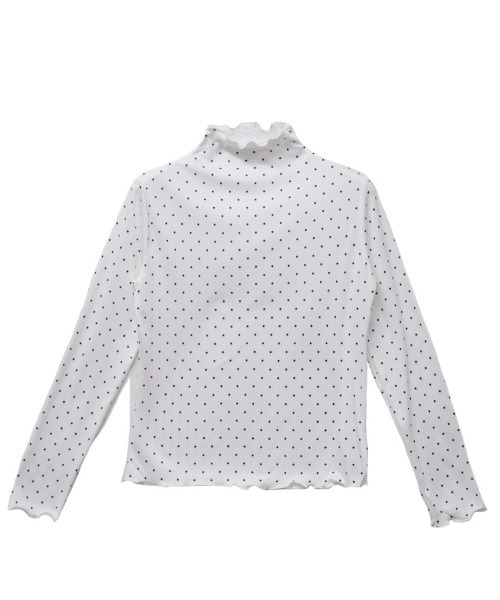 CLOTHY(クロシィ)の「【コーディネートに甘さをプラス】ドット柄 メロー フリル ハイネック トップス(Tシャツ/カットソー・レディース・グレー/オフホワイト・FREE)」の3枚目の写真