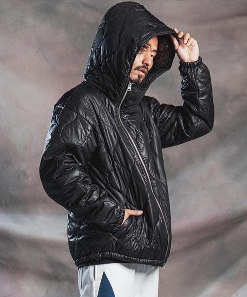mj11785-Wave Quilted Zip Hooded Coat キルトナイロンフーディー