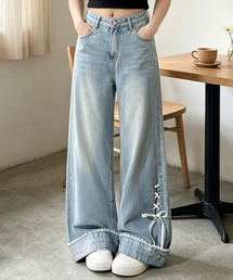 lace-up wide denim pants