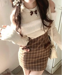 レイヤード風オフショルニットトップス
