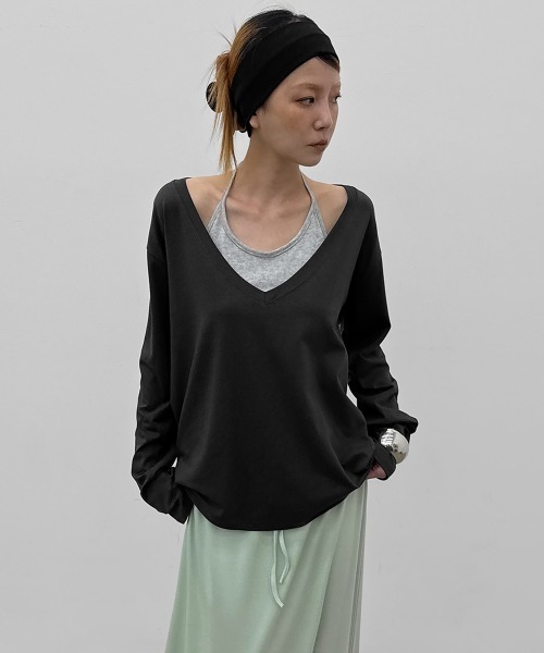 BLACKUP（ブラックアップ）の「[MADE] ジュネーブディープVネックオーバーフィット長袖Tシャツ（Tシャツ/カットソー・レディース・カーキ/グレー/チャコール・FREE）」の13枚目の写真