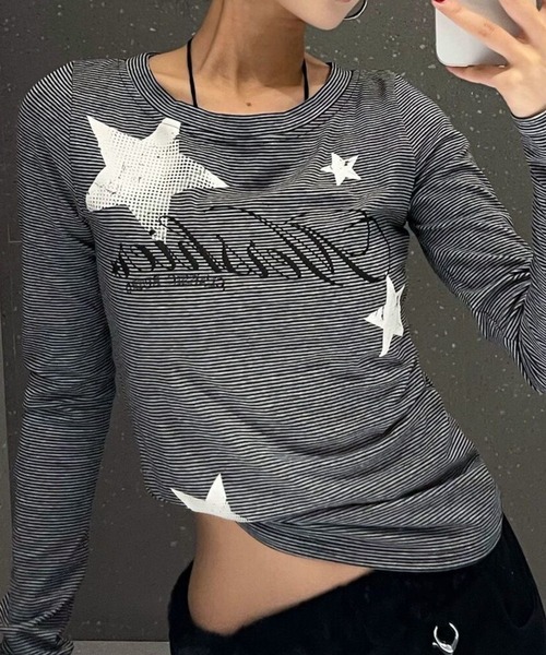 SHERU(シェル)の「星柄ロゴストライプ細身ロングスリーブトップス(Tシャツ/カットソー・レディース・ブラック・M)」の5枚目の写真