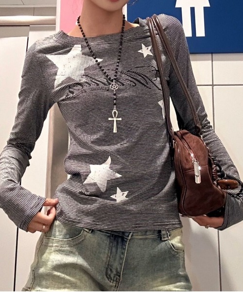 SHERU(シェル)の「星柄ロゴストライプ細身ロングスリーブトップス(Tシャツ/カットソー・レディース・ブラック・M)」の8枚目の写真