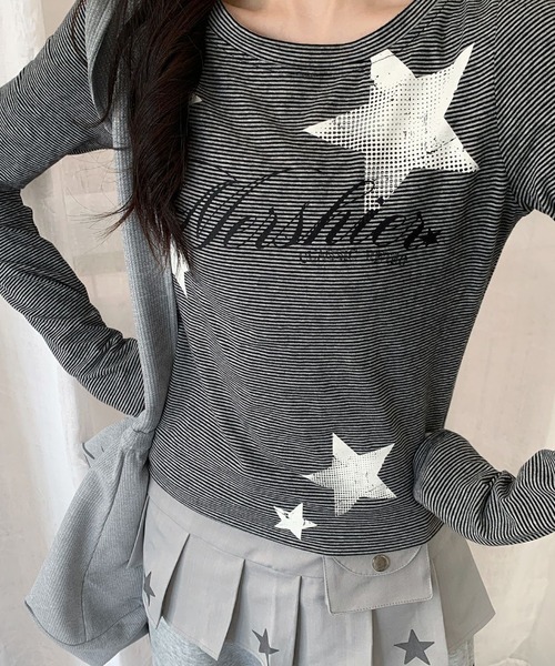 SHERU(シェル)の「星柄ロゴストライプ細身ロングスリーブトップス(Tシャツ/カットソー・レディース・ブラック・M)」の12枚目の写真