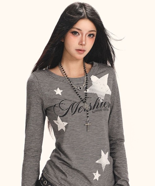 SHERU(シェル)の「星柄ロゴストライプ細身ロングスリーブトップス(Tシャツ/カットソー・レディース・ブラック・M)」の19枚目の写真