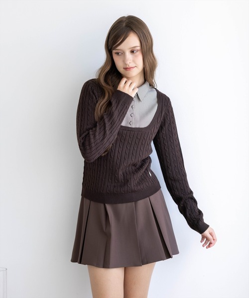 U.S. POLO ASSN.(ユーエスポロアッスン)の「【U.S. POLO ASSN.】clear 別注 千鳥柄シャツドッキングケーブルニットトップス(ニット/セーター・レディース・ブラウン/アイボリー/チャコールグレー・F)」の3枚目の写真