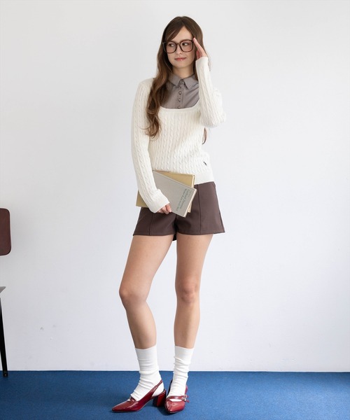 U.S. POLO ASSN.(ユーエスポロアッスン)の「【U.S. POLO ASSN.】clear 別注 千鳥柄シャツドッキングケーブルニットトップス(ニット/セーター・レディース・ブラウン/アイボリー/チャコールグレー・F)」の15枚目の写真