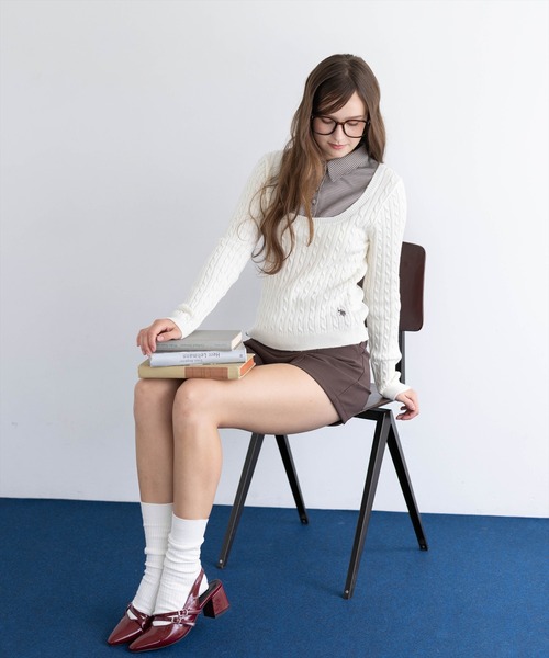 U.S. POLO ASSN.(ユーエスポロアッスン)の「【U.S. POLO ASSN.】clear 別注 千鳥柄シャツドッキングケーブルニットトップス(ニット/セーター・レディース・ブラウン/アイボリー/チャコールグレー・F)」の8枚目の写真