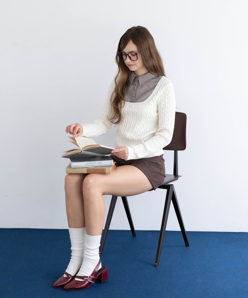 U.S. POLO ASSN.(ユーエスポロアッスン)の「【U.S. POLO ASSN.】clear 別注 千鳥柄シャツドッキングケーブルニットトップス(ニット/セーター・レディース・ブラウン/アイボリー/チャコールグレー・F)」の9枚目の写真