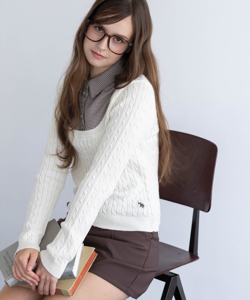 U.S. POLO ASSN.(ユーエスポロアッスン)の「【U.S. POLO ASSN.】clear 別注 千鳥柄シャツドッキングケーブルニットトップス(ニット/セーター・レディース・ブラウン/アイボリー/チャコールグレー・F)」の4枚目の写真