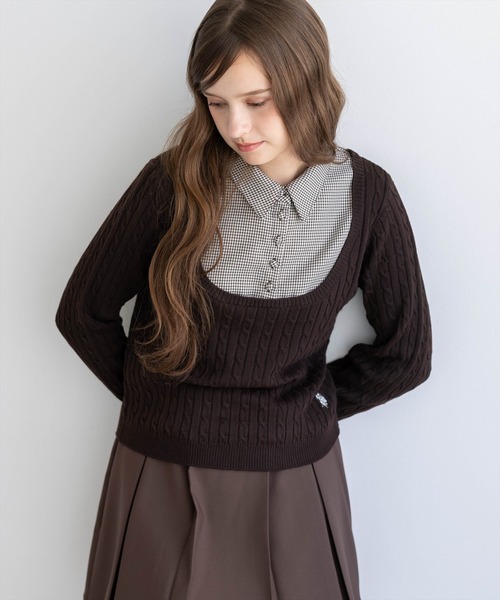 U.S. POLO ASSN.(ユーエスポロアッスン)の「【U.S. POLO ASSN.】clear 別注 千鳥柄シャツドッキングケーブルニットトップス(ニット/セーター・レディース・ブラウン/アイボリー/チャコールグレー・F)」の17枚目の写真