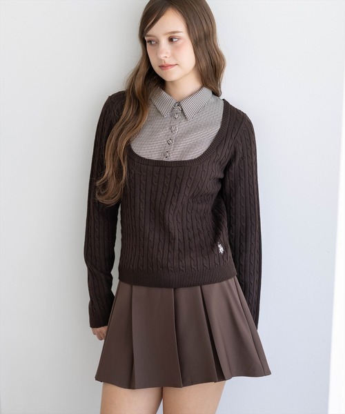 U.S. POLO ASSN.(ユーエスポロアッスン)の「【U.S. POLO ASSN.】clear 別注 千鳥柄シャツドッキングケーブルニットトップス(ニット/セーター・レディース・ブラウン/アイボリー/チャコールグレー・F)」の18枚目の写真