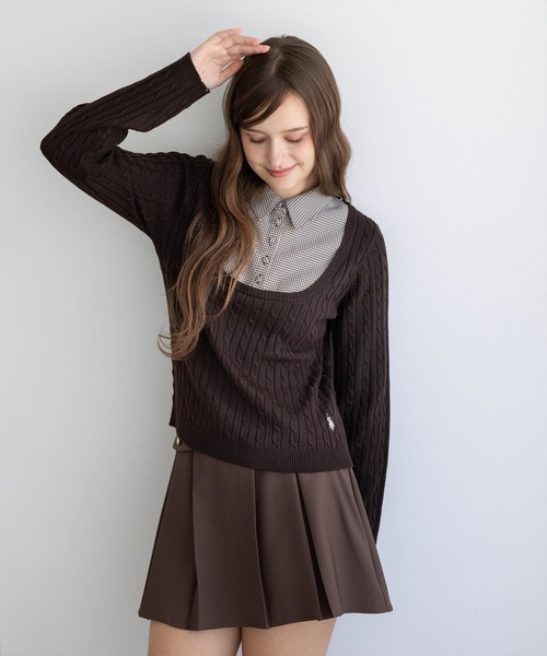 U.S. POLO ASSN.(ユーエスポロアッスン)の「【U.S. POLO ASSN.】clear 別注 千鳥柄シャツドッキングケーブルニットトップス(ニット/セーター・レディース・ブラウン/アイボリー/チャコールグレー・F)」の19枚目の写真