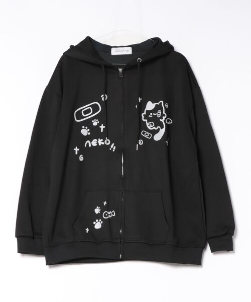 Never mind the XU / Chikashitsu+(ネバーマインド ザ エックスユー / チカシツプラス)の「【Nerd out XU】neko print zip hoodie / 【ナードアウトエックスユー】キャットプリントジップアップパーカー(パーカー・メンズ・ブラック・XL/M)」の3枚目の写真