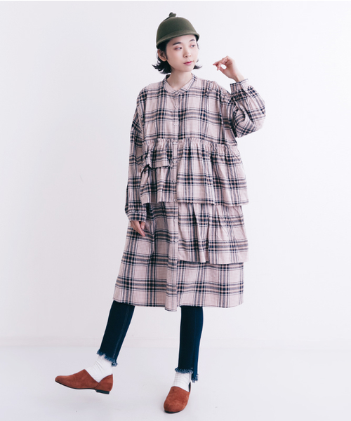 MERLOT（メルロー）の「チェック柄アシメティアードフリルシャツワンピース1085（シャツワンピース・レディース・ネイビー/ワイン/ベージュ・FREE）」の16枚目の写真