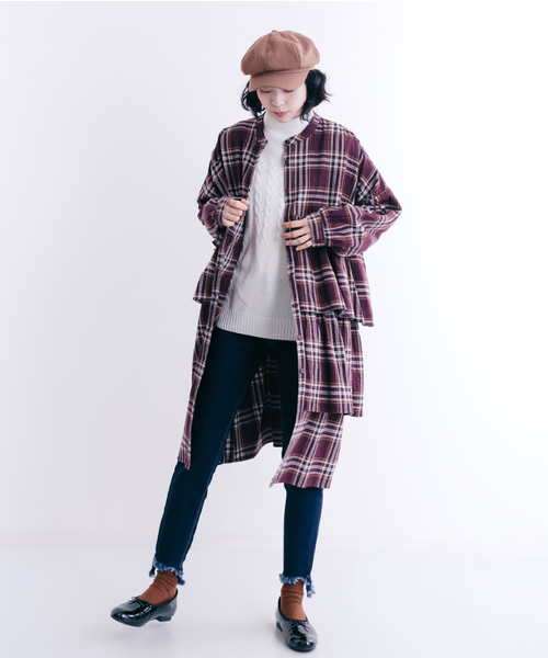 MERLOT（メルロー）の「チェック柄アシメティアードフリルシャツワンピース1085（シャツワンピース・レディース・ネイビー/ワイン/ベージュ・FREE）」の13枚目の写真