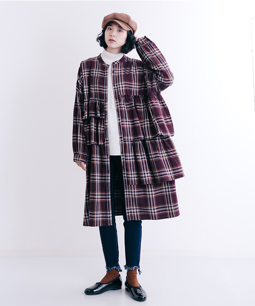 MERLOT（メルロー）の「チェック柄アシメティアードフリルシャツワンピース1085（シャツワンピース・レディース・ネイビー/ワイン/ベージュ・FREE）」の7枚目の写真