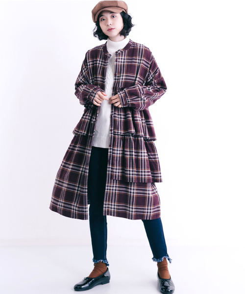 MERLOT（メルロー）の「チェック柄アシメティアードフリルシャツワンピース1085（シャツワンピース・レディース・ネイビー/ワイン/ベージュ・FREE）」の20枚目の写真