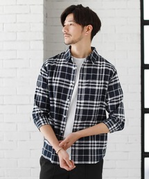 先染め綿麻ストレッチレギュラーカラー七分袖シャツ