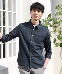 先染め綿麻ストレッチレギュラーカラー七分袖シャツ