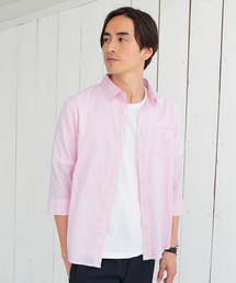 先染め綿麻ストレッチレギュラーカラー七分袖シャツ